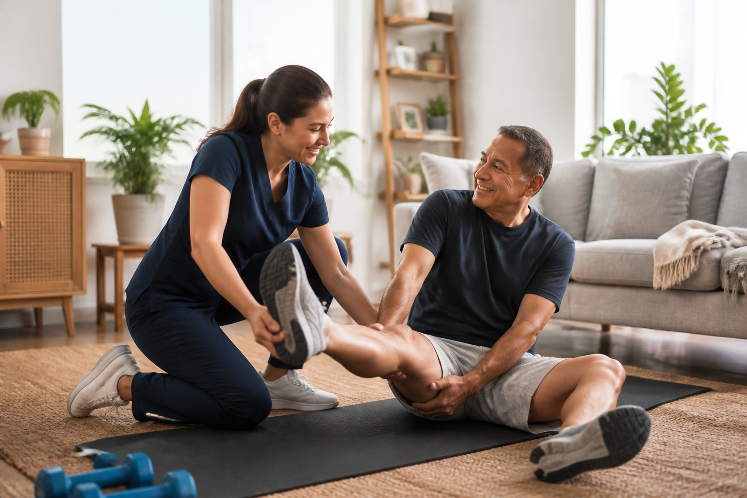 Physiotherapist guiding a patient through exercises at home