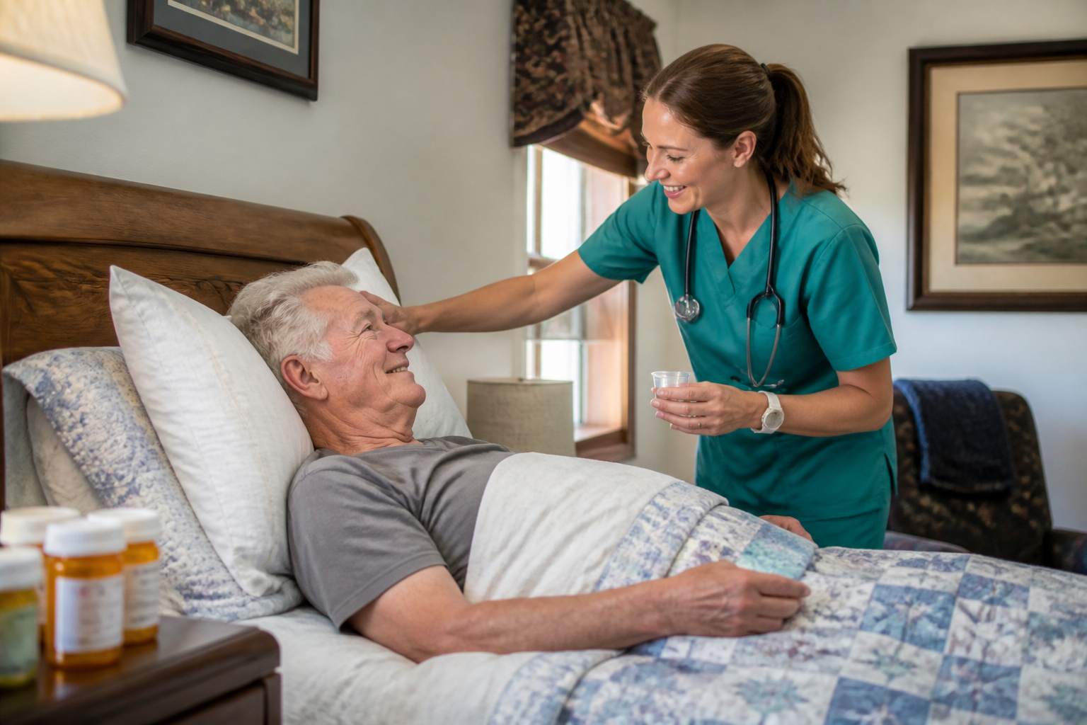 Nurse providing bedside care and medicines to a patient at home
