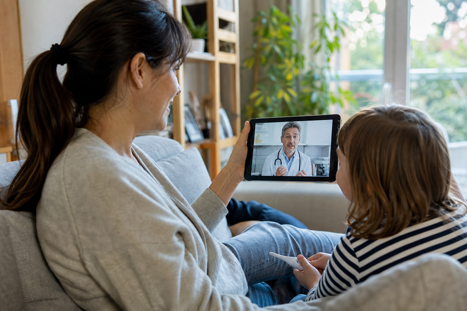 Patient taking a CallDoc video consultation from the sofa at home